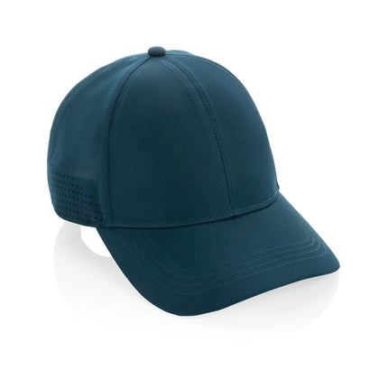  showing navy blue headwear with curved brim and adjustable strap.