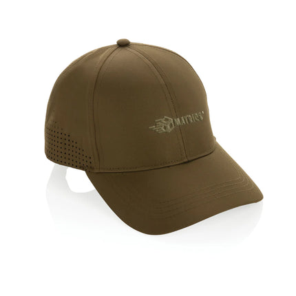  showing a navy blue headwear with curved brim and adjustable strap.