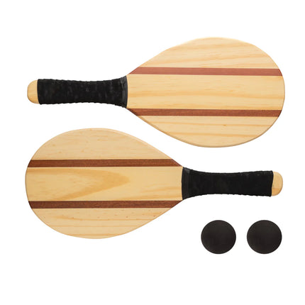 Wooden Frescobol tennis set by XD Collection with two polished wooden paddles and a ball for outdoor beach play.