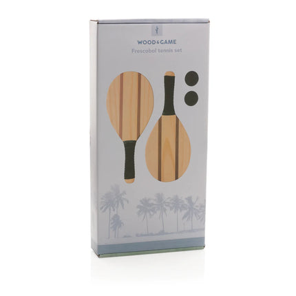  featuring polished wooden paddles and a matching ball.