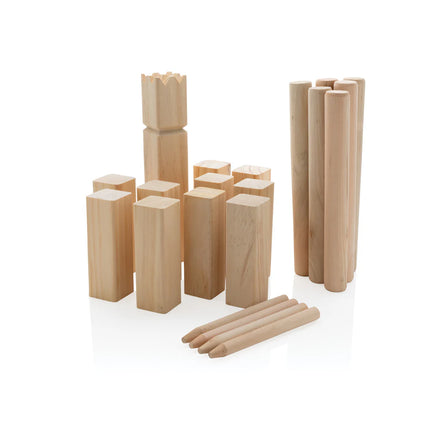Outdoor wooden Kubb set from XD Collection with wooden game pieces and battleground for lawn play.