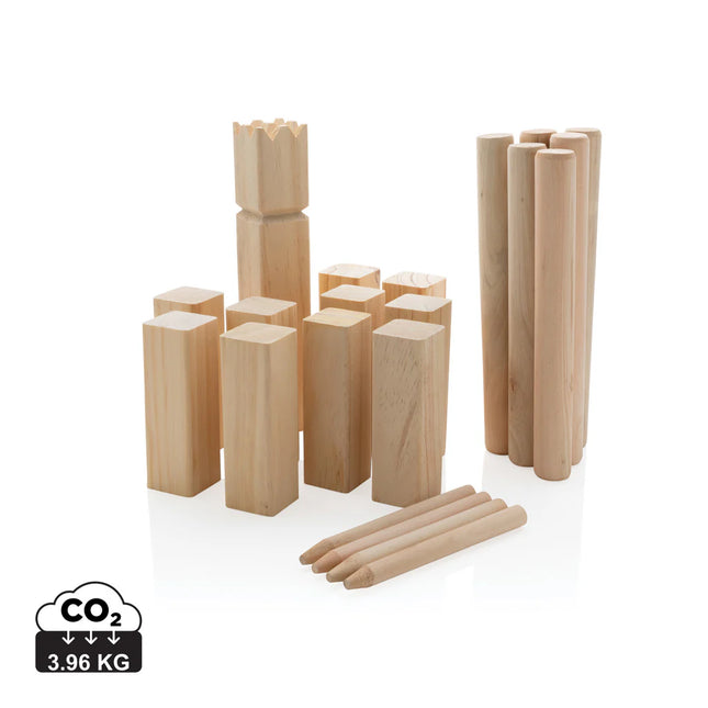 Outdoor wooden Kubb set by XD Collection with game pieces arranged on grass for outdoor play and family fun.
