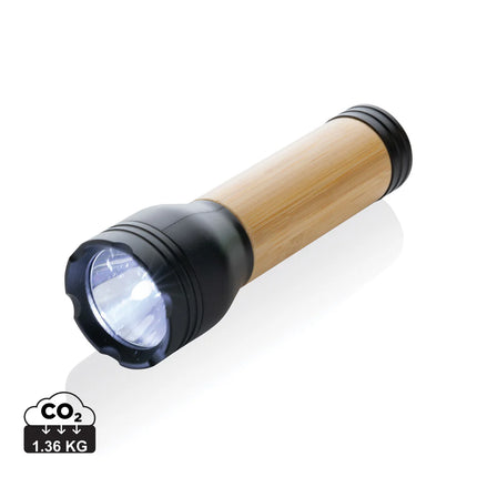 XD Collection Lucid 3W RCS certified recycled plastic and bamboo torch for outdoor lighting and camping use.