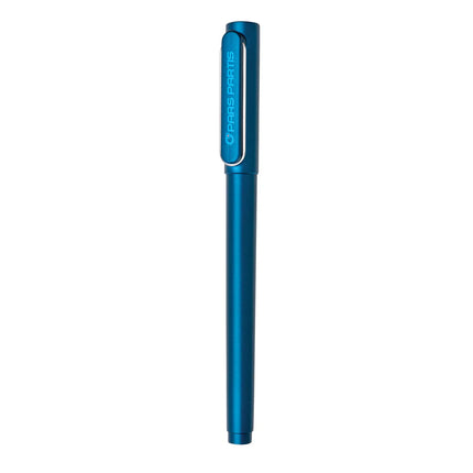  showcasing a sleek writing instrument with a blue cap and silver body.
