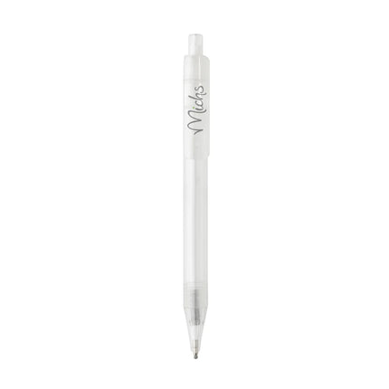  a writing instrument with clear plastic body and black ink tip.