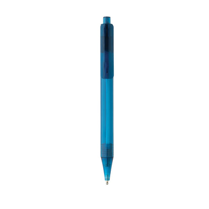  a writing instrument with a clear plastic body and multiple ink colors.