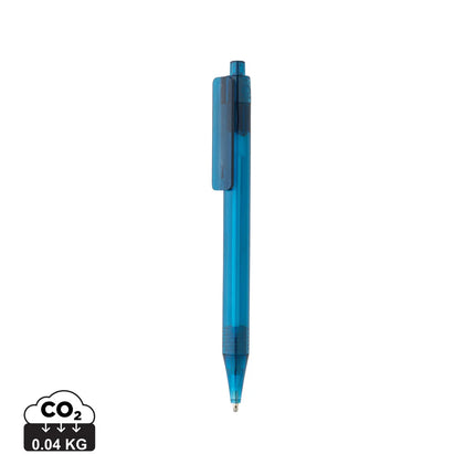  a eco-friendly writing instrument with clear plastic body and black ink tip.