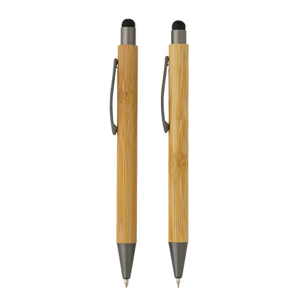  featuring sleek writing instruments with a natural bamboo finish.