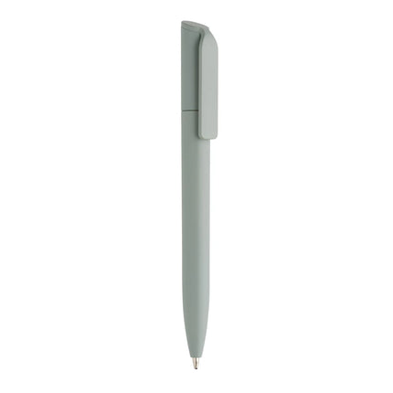  compact writing instrument in black with silver clip and branding.