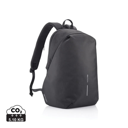 XD Design Bobby Soft anti-theft backpack in black with padded shoulder straps and multiple compartments for travel and daily use.