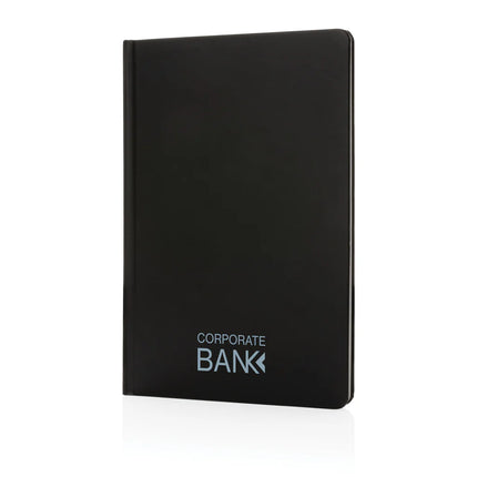A5 Impact stone paper hardcover notebook by XD Collection with a sleek black cover and elastic closure for notebooks and portfolios.