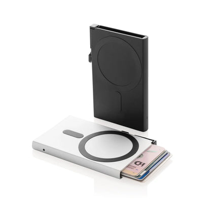  slim pouch with secure magnetic closure and RFID protection for cards.