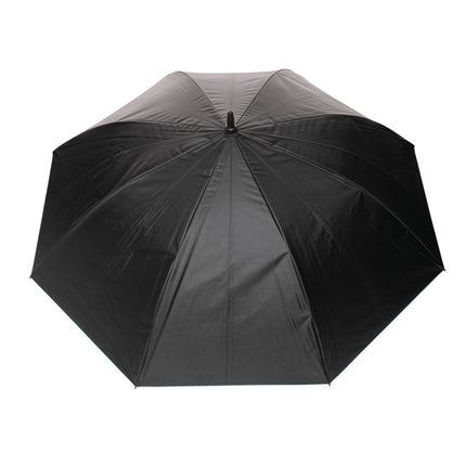 CWD XD Impact AWARE™ 27-inch dual-color RPET auto open umbrella with eco-friendly recycled polyester fabric, open and showing colorful panels.