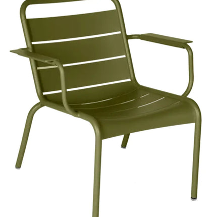 Clay grey Fermob Luxembourg garden armchair lounge with white cushions