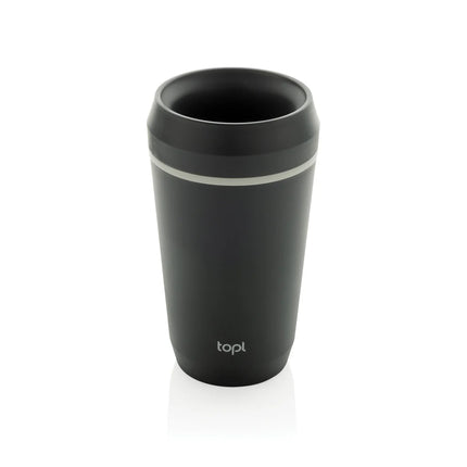  354ml drinkware in black with clear lid and branded logo.