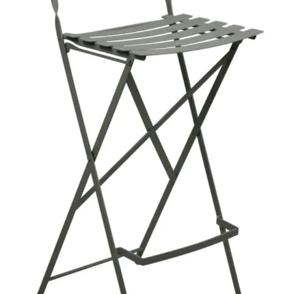 Fermob Cedar Green Bistro High Stool showing a foldable outdoor bar chair with a modern design and sturdy frame.