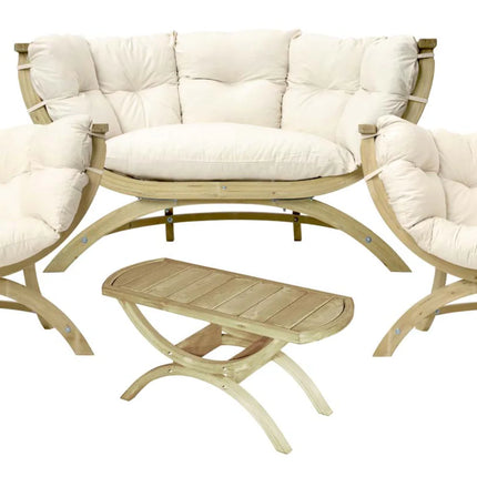  wooden outdoor chairs and couch for relaxing outdoor living.