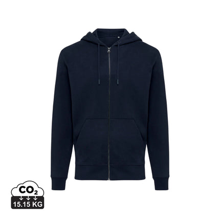 Recycled cotton zip-through hoodie by iqoniq, in black, showing front view with hood and full-length zipper.