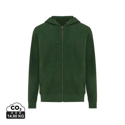 Recycled cotton zip-through hoodie by iqoniq, showcasing a close-up of the textile fabric in a vibrant color.