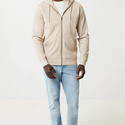 Recycled cotton zip hoodie by iqoniq, showcasing a casual textile hoodie with front zip and comfortable fit.