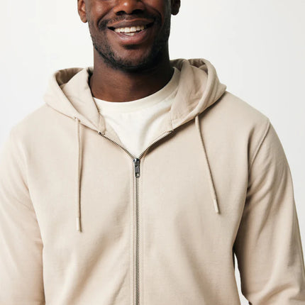 Recycled cotton zip hoodie by iqoniq, featuring a cozy textile design with a front zipper and ribbed cuffs.