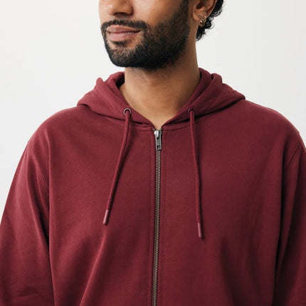 Recycled cotton zip-through hoodie by iqoniq, featuring a casual fit, adjustable hood, and eco-friendly textile fabric.