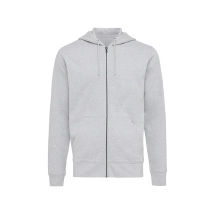 Recycled cotton zip hoodie by iqoniq, slim fit in XS/S, showing front view with hoodie and zipper details.