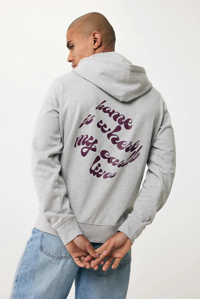 Recycled cotton zip hoodie by iqoniq, casual textile hoodie with front zipper and hood, in a natural fabric appearance.