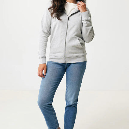 Recycled cotton zip-through hoodie by iqoniq, showing front view with hood and zip closure, eco-friendly textile in natural tones.