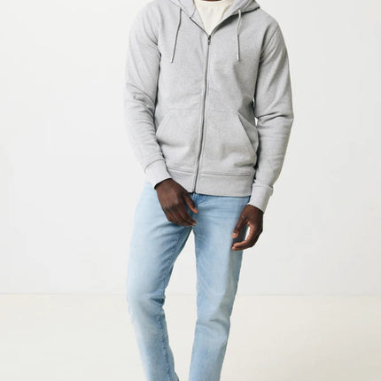 Recycled cotton zip-through hoodie by iqoniq in textile, featuring a front zipper and casual fit, displayed on a hanger.