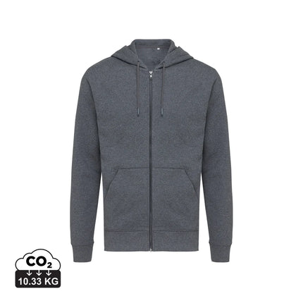 Recycled cotton zip hoodie by iqoniq, featuring a soft textile with a front zipper and a relaxed fit.
