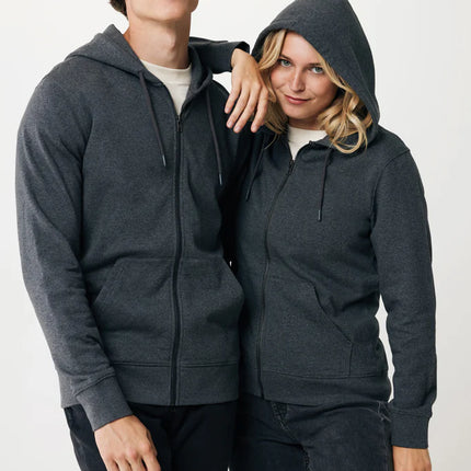 Recycled cotton zip hoodie from iqoniq featuring a front zipper, casual fit, and soft textile fabric in a natural color.