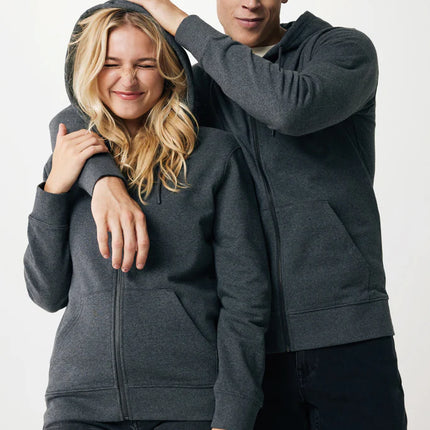 Recycled cotton zip-through hoodie by iqoniq, showing the soft fabric, front zipper, and casual fit in natural color.