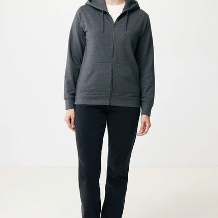 Iqoniq Abisk recycled cotton zip hoodie, front view showcasing the green hoodie with a full zipper and drawstring hood.