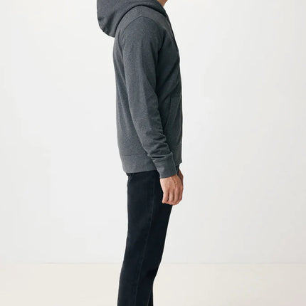 Recycled cotton zip hoodie by iqoniq, featuring a casual fit, front zipper, and eco-friendly textile material.