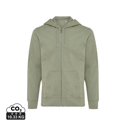 Iqoniq Abisk recycled cotton zip hoodie in XS/S with front zipper and drawstring hood, casual textile garment on model.
