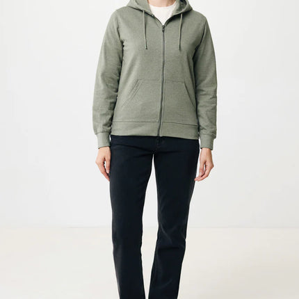 Iqoniq Abisk recycled cotton zip hoodie, front view showing the green textile hoodie with a full zip and hood.