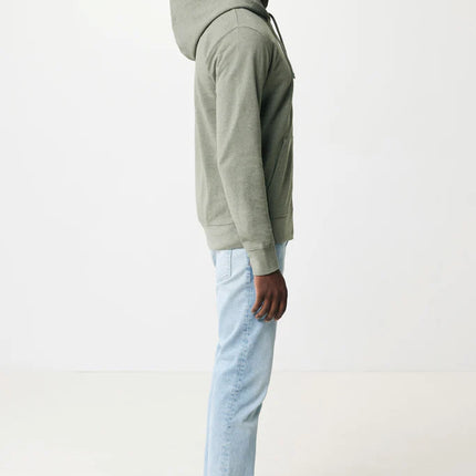 Iqoniq Abisk recycled cotton zip hoodie, showcasing the soft fabric, front zipper, and casual fit in natural outdoor setting.