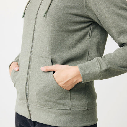 Recycled cotton zip-through hoodie by iqoniq, showing front view with adjustable drawstrings and soft textured fabric.