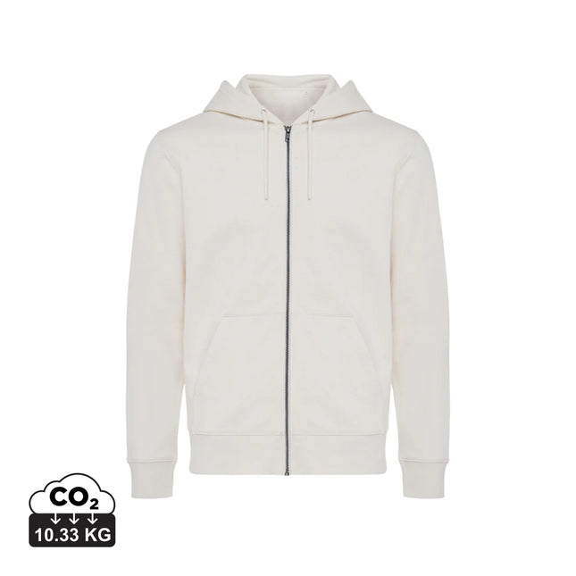 Iqoniq Abisk recycled cotton zip hoodie in XS, showcasing the front view with a drawstring hood and eco-friendly textile design.