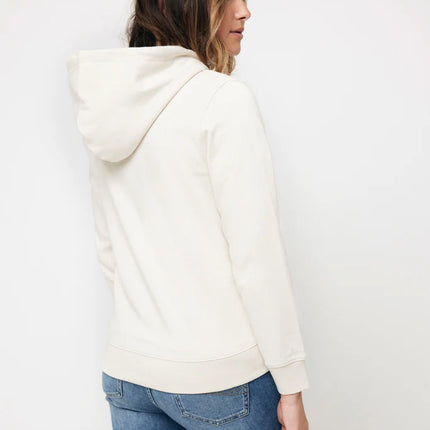 Recycled cotton iqoniq zip-through hoodie with front pockets, in a cozy textile style, shown in a close-up image.