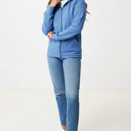 Iqoniq Abisk recycled cotton zip hoodie, soft textile with front zipper and hood, eco-friendly casual apparel.