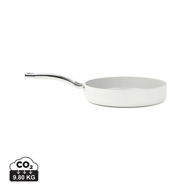 Vinga Alte RCS Collection recycled aluminium 27cm fry pan, home cookware with black handle and non-stick surface, on a kitchen countertop.
