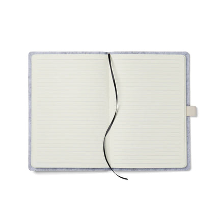 Vinga Albon GRS recycled felt A5 notebook with integrated pen holder and melange exterior, suitable for portfolios and note-taking.