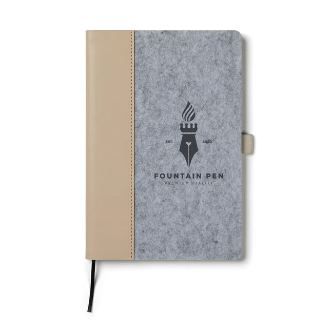 Vinga Albon GRS recycled felt A5 notebook with integrated pen holder and mélange exterior, showcasing eco-friendly design.