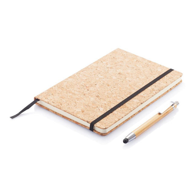 A5 cork notebook with matching pen stylus pack of 25 by Custom Wood Designs, showcasing eco-friendly cork cover and writing tools.