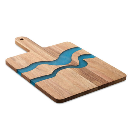 Set of 25 Acacia wood service boards with resin detail and handles by Custom Wood Designs, ideal for serving or display.