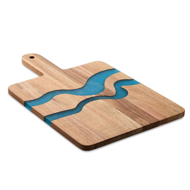 Set of 25 Acacia wood service boards with resin detail and handles by Custom Wood Designs, ideal for serving or display.