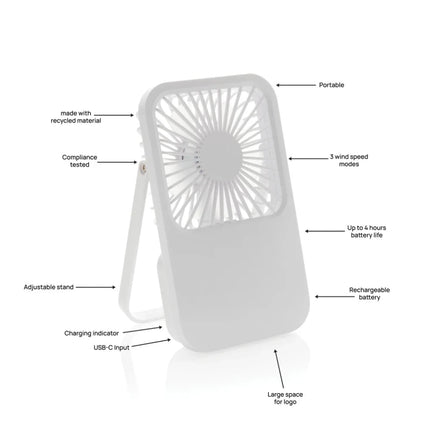 Aervina RCS recycled plastic re-chargeable desk fan - hospitality