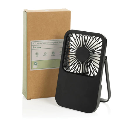 Aervina RCS recycled plastic re-chargeable desk fan - hospitality